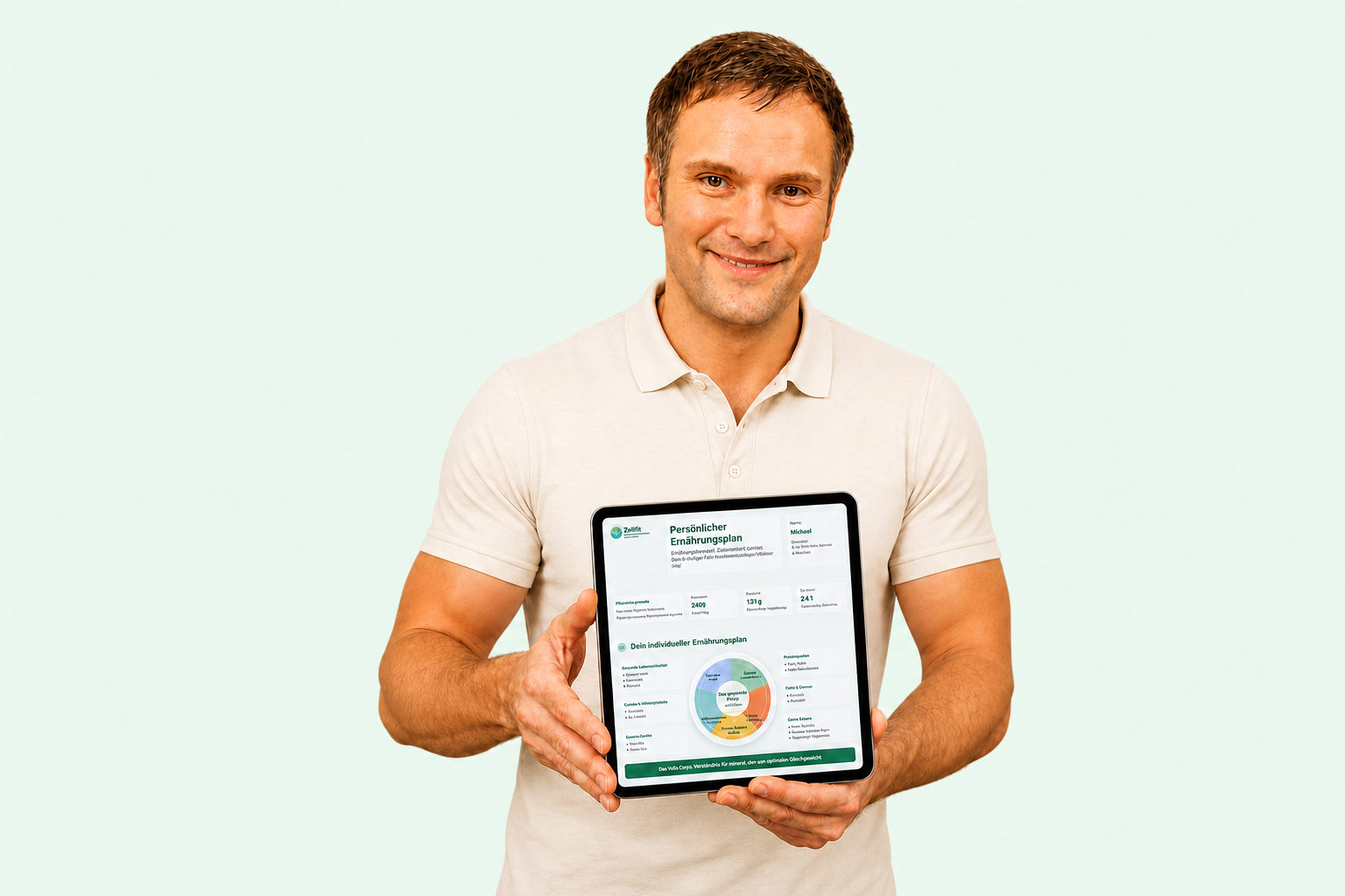 Zellfit Berater präsentiert einen persönlichen Ernährungsplan auf einem Tablet